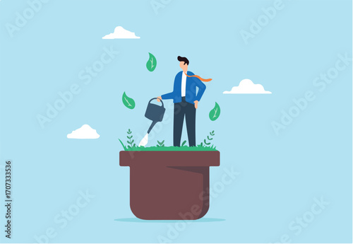 Confident businessman waters himself on plant pot