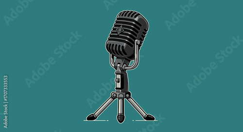 Vintage microphone on a tripod stand gray scale with teal backdrop