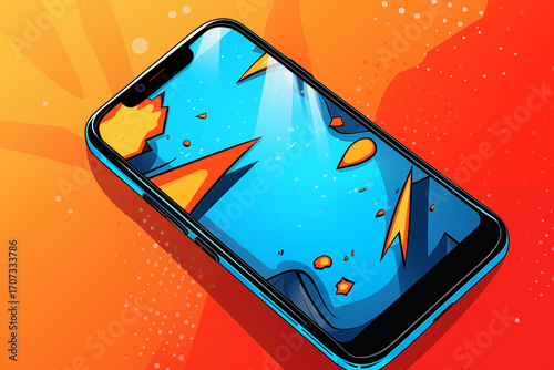 Retro pop art smartphone with neon orange notifications