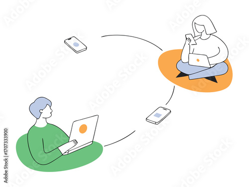 Collaborative people using digital devices to connect, share data, and work together.