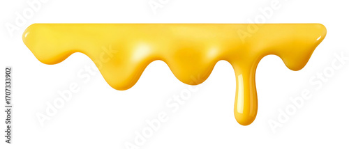 Melted cheese drip isolated on white background, realistic glossy yellow liquid splash, food design element
