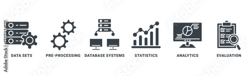 Data mining icon set vector concept with icon of data sets, pre-processing, database systems, statistics, analytics and evaluation 