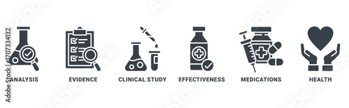 Clinical research icon set vector concept with icon of analysis, evidence, clinical study, effectiveness, medications, health 