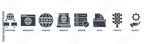 Web hosting icon set vector concept with icon of provider, webspace, domain, website, server, data, traffic, service 