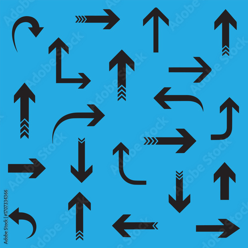 Collection of black arrow icons pointing in various directions on a blue background, including curved, straight, and decorated arrow designs.
