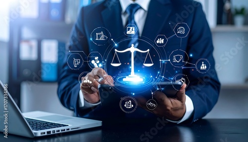 Businessperson using tablet with legal scales graphic, surrounded by data icons
