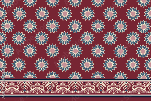 vector seamless pattern with flowers, Red floral seamless textile pattern with Thai inspired ethnic decorative oriental fabric design