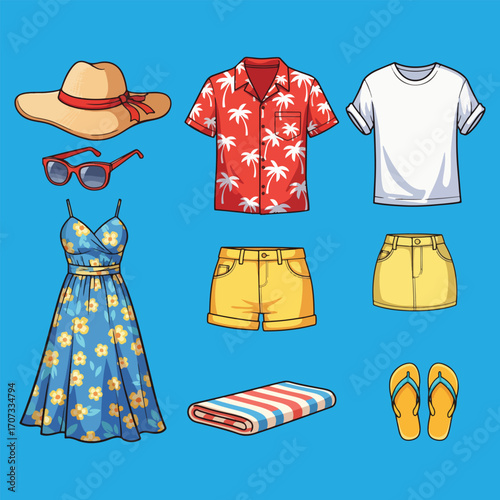 Collection of summer clothing and accessories, showcasing a variety of outfits and beach essentials.