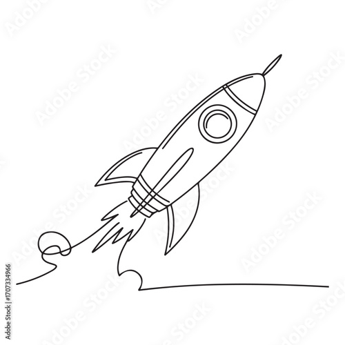 One single line Art drawing of simple vintage rocket takes off into the outer space vector graphic illustration. with white background