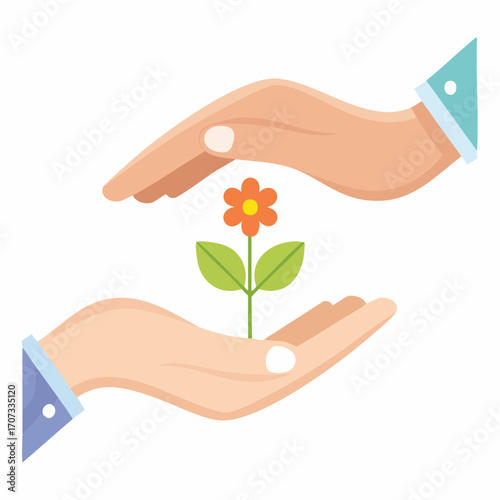 Minimalist Symbolic Art of Hands Holding Flower in Flat Design