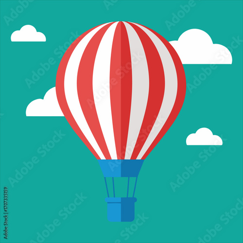 Red and white striped hot air balloon floats amidst fluffy white clouds against a teal sky.