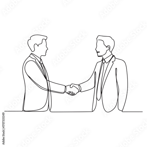 Continuous line Art drawing of business man handshake his partner to deal a big project. Business meeting at office concept. with white background