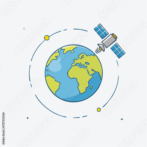 Stylized Minimalist Space Illustration with Satellite and Earth