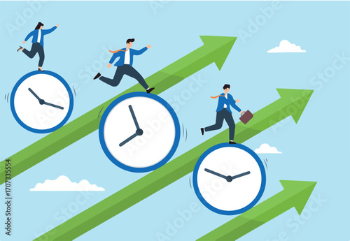 Business people riding clock on rising graph arrow