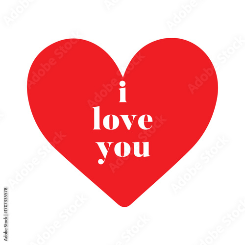Red color heart with white love typography. isolated on a white background. 