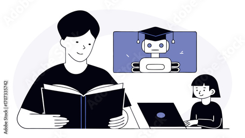 Artificial intelligence assisting with education. AI robot helping students with homework and knowledge.