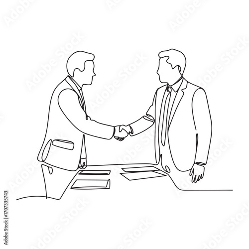 Continuous line Art drawing of business man handshake his partner to deal a big project. Business meeting at office concept. with white background