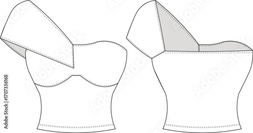 sleeveless cap sleeve asymmetric off the shoulder neck fit elastic crop cropped blouse top bustier template technical drawing flat sketch cad mockup fashion woman design style model 