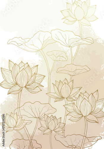 Golden Lotus Flowers Illustration Against Watercolor Wash Background