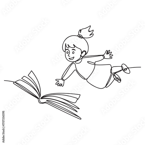 Single continuous line Art drawing little girl student or preschooler flying on magic book. Happy kids flying on the book. with white background