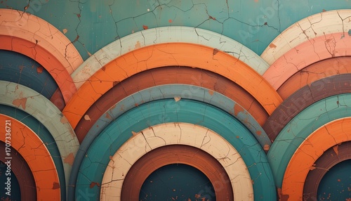 A layered design featuring concentric circles in various shades of teal, orange, and terracotta, creating a textured and vibrant abstract pattern.