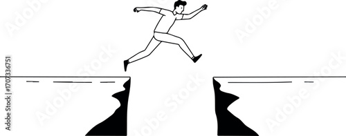 Illustration Of A Person Jumping Over A Gap Black And White Vector