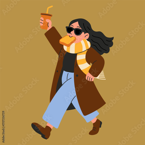 Woman Rushing with Coffee and Toast in Autumn Outfit