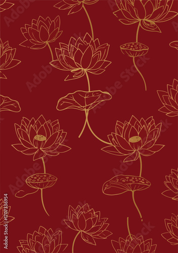 Illustration Of Golden Lotus Floral Pattern on Dark Red Background