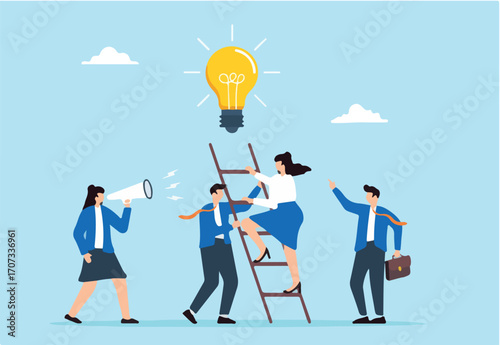 Business team assists colleagues in climbing stairs to reach new lightbulb ideas. Concept of helping and supporting each other towards success through teamwork, partnership, and collaboration
