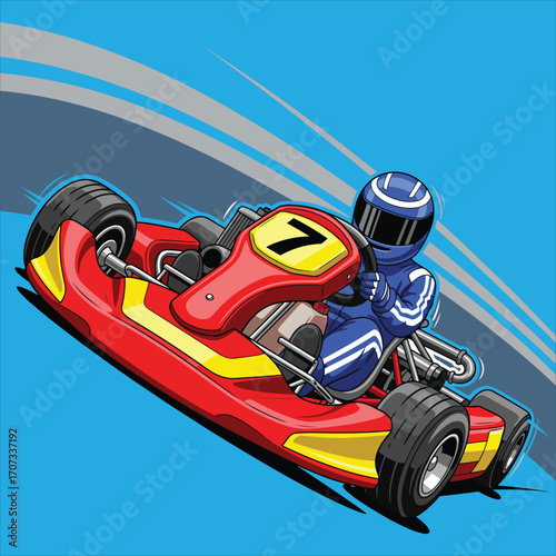 A cartoon illustration of a go-kart racer speeding across a blue background, competing.