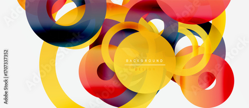 Abstract colorful circles overlap, creating dynamic composition. Bright hues blend, forming modern background design. Smooth gradients enhance visual appeal.
