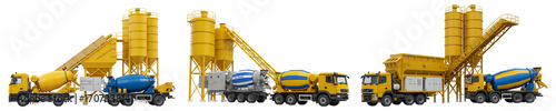 Concrete Batching Plant with Mixer Trucks On Transparent Background