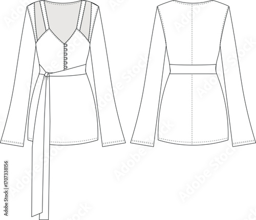 v neck long bell sleeve strapped strappy buttoned belted wrapped a line short mini dress template technical drawing flat sketch cad mockup fashion woman design style model 
