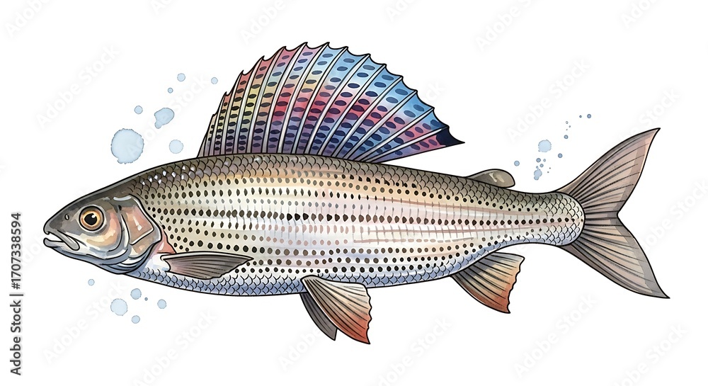 Obraz premium Artistic Watercolor Illustration of a Grayling Fish with a Colorful Dorsal Fin.