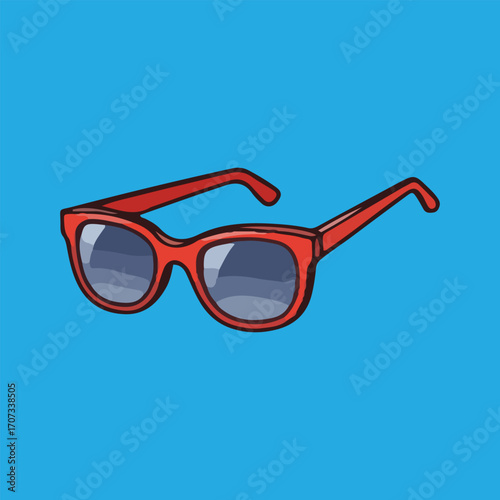 Red sunglasses, stylish summer accessory, fashion eyewear,  simple illustration.