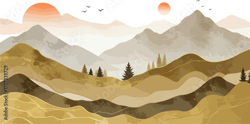 Pixelated Mountainous Landscape Illustration Featuring Warm Tones and Sun