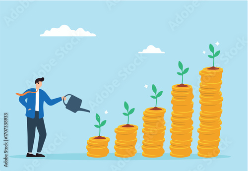 Businessman watering young plants growing on stack of coins. Concept of investments or savings to grow and earn profits, mutual funds, wealth accumulation, and pension funds