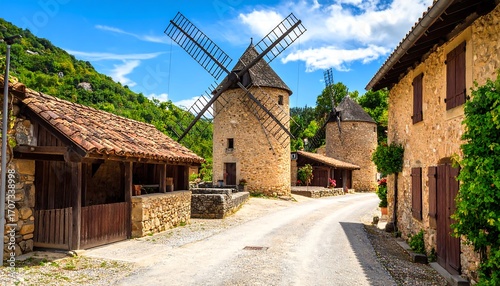 Fototapeta Naklejka Na Ścianę i Meble -  Picturesque village street with windmills