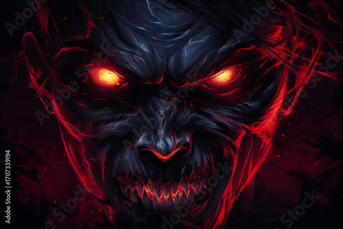 Illustration of a scary vampire face with glowing red eyes.