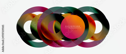 Abstract colorful overlapping circles create modern design. Gradient shades blend, forming dynamic visual composition. Minimalist style.