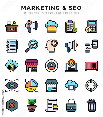 Marketing & SEO Icons bundle. Lineal Color style Icons. Vector illustration.