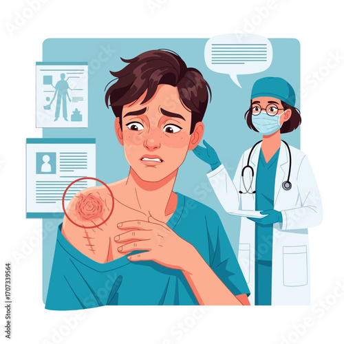 Worried patient consulting doctor about skin condition; medical examination and healthcare