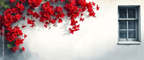 Red bougainvillea flowers cascading over white wall with window