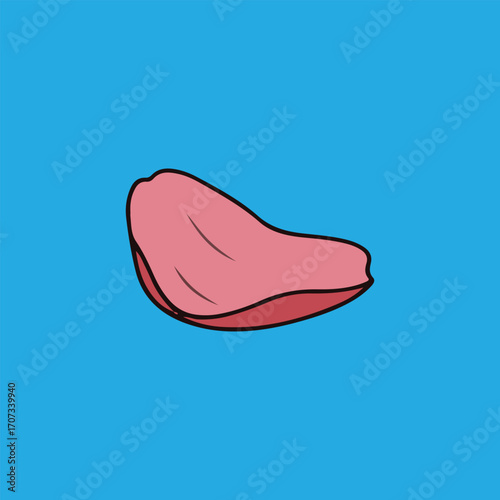 Isolated cartoon illustration of a human tongue with a pink color, set against a blue background.