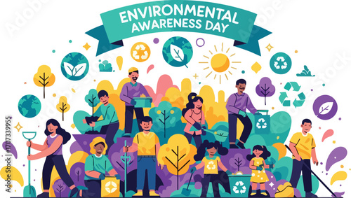 Environmental Awareness Day Diverse People Planting Trees Recycling and Cleaning Up