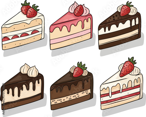 Delicious Cake slices Strawberry Chocolate Vanilla Bakery Dessert Clipart Illustration