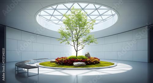 Modern interior design with a central tree and natural light illuminating the space