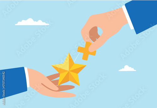 Businessman hand adds plus sign to star, illustrating value addition. Concept of increases product value or price for profit and provides additional advantages or developments for more benefits