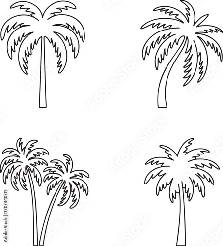 Set of Palm tree Outline vector illustration isolated On Transparent Background