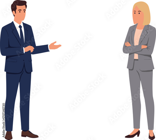 Business professionals in formal suits having workplace discussion, corporate dialogue, office communication, leadership interaction, vector illustration isolated on white background